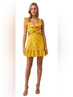 NWT Astr The Label Mustard Yellow Eyelet Ruffle Mini Dress 100% cotton Medium